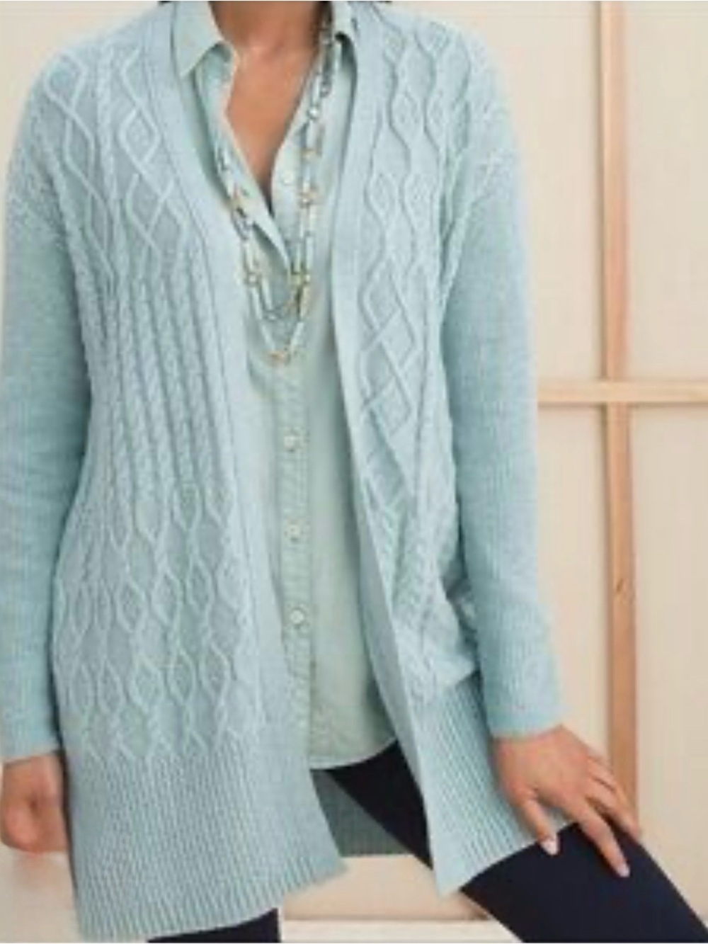 Chico's Cable Knit Cardigan Long Duster Sweater Cashmere Wool Blend Size 1 Med